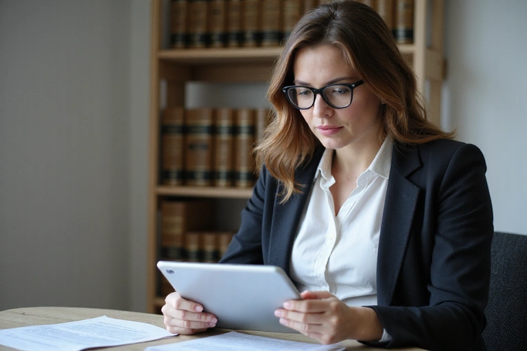 Mujer leyendo un documento legal en una tableta