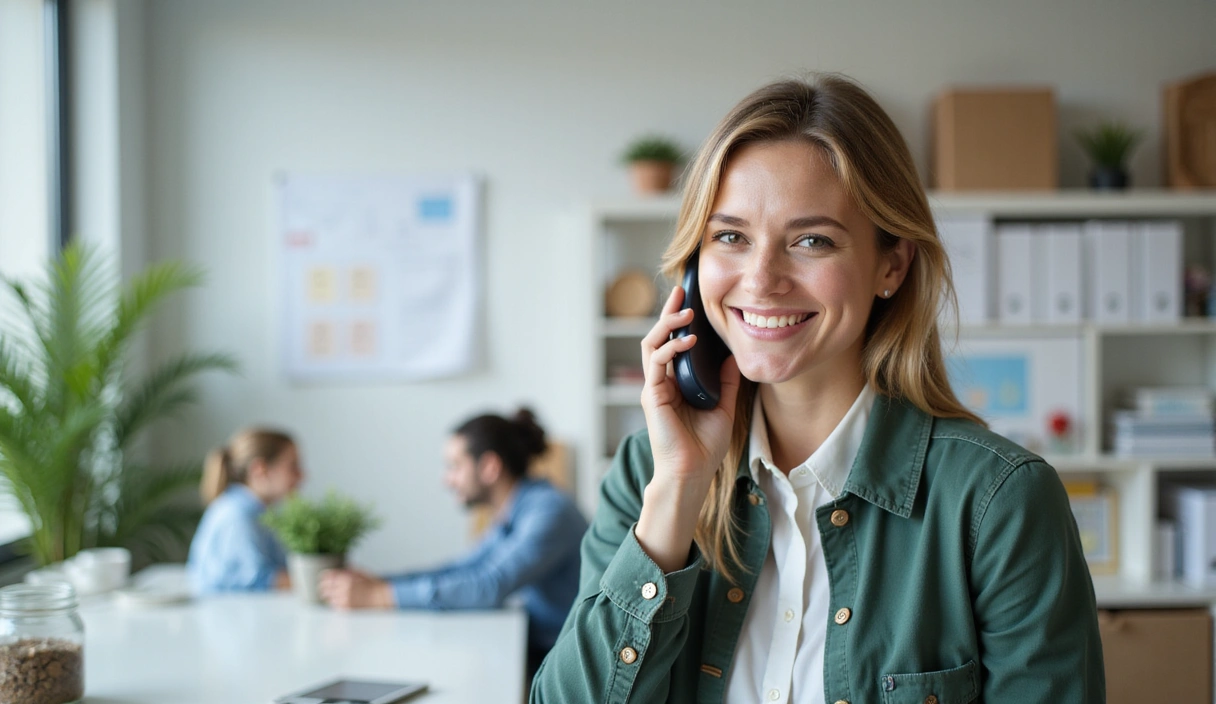 Profesional de la salud atendiendo una llamada en una oficina moderna