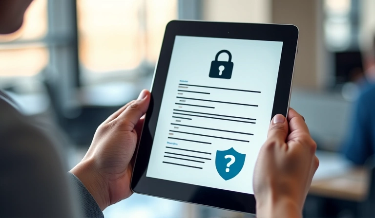 Persona leyendo un documento digital con un candado y un signo de interrogación