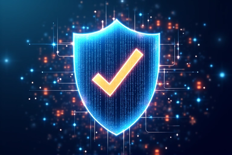 Un escudo digital con un icono de verificación, rodeado de datos binarios y luces brillantes, simbolizando la seguridad de los datos.