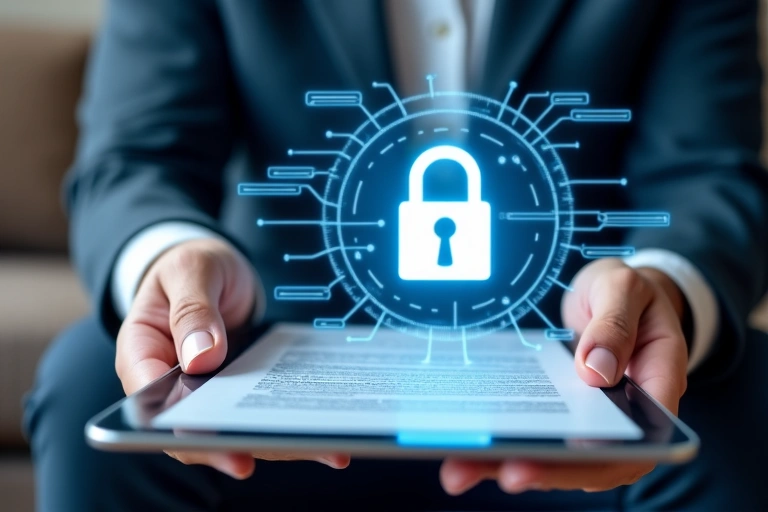 Una persona leyendo un documento de política de privacidad en una tableta con un candado de seguridad digital superpuesto.
