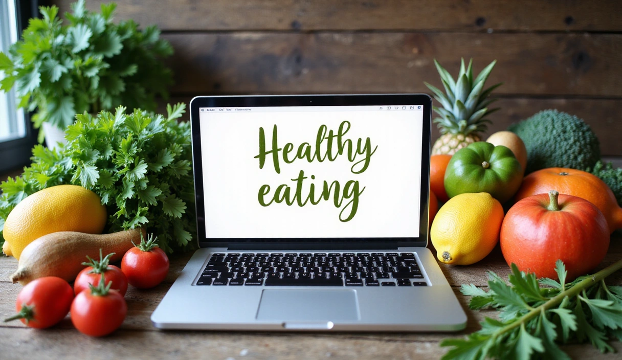 Laptop showing a healthy eating blog post with fresh ingredients