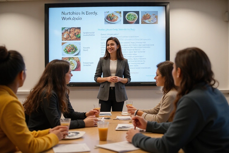 Grupo de personas participando activamente en un taller de nutrición, con un nutricionista presentando diapositivas sobre alimentación saludable.