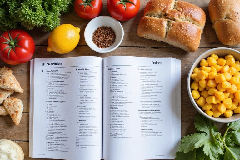 Mesa con diferentes tipos de alimentos, algunos etiquetados para condiciones específicas como bajo en sodio o sin gluten, con un libro de nutrición al lado.