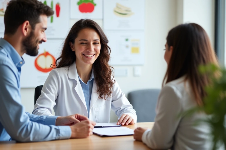 Nutricionista explicando un plan de alimentación a un paciente en una consulta individual.
