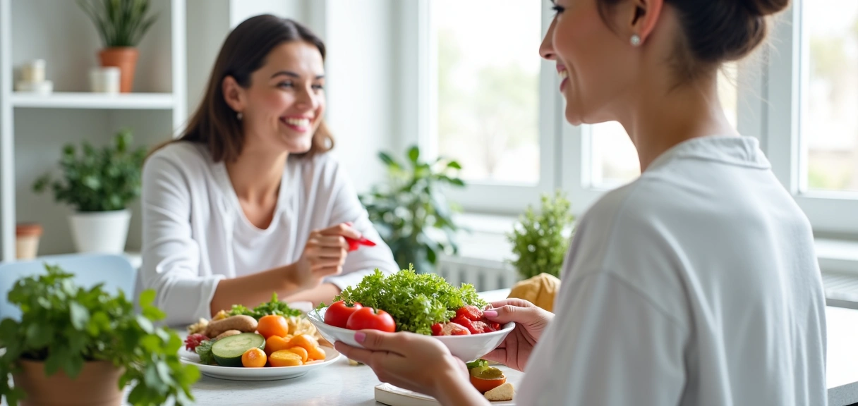 Una persona consultando con un nutricionista, una comida equilibrada y una persona haciendo ejercicio, representando un enfoque holístico de la salud y la nutrición.