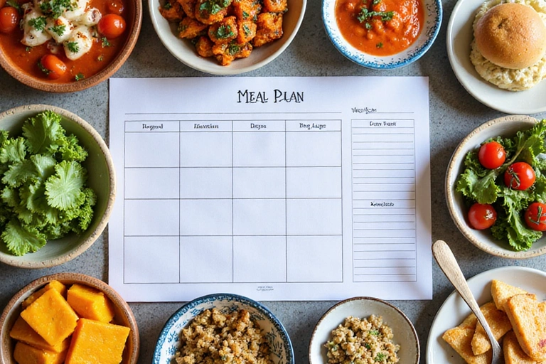 Variedad de platos saludables en un plan de alimentación personalizado, con recetas y una lista de compras.