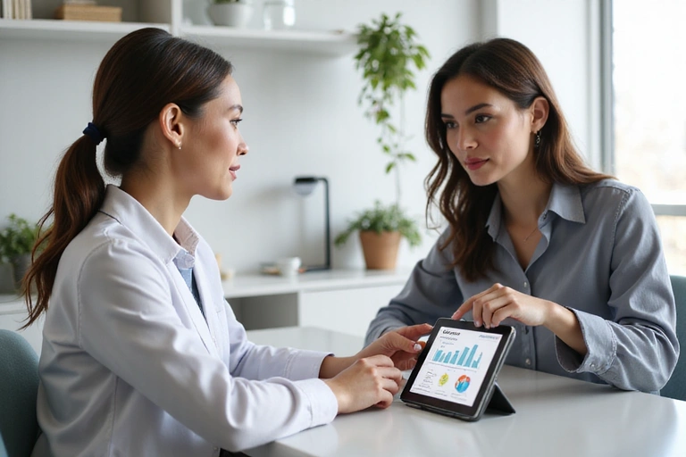 Imagen de una nutricionista revisando gráficos de progreso con un paciente en una consulta.