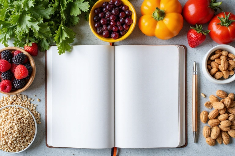 Mesa con diversos alimentos saludables, como frutas frescas, verduras, granos enteros y nueces, con un cuaderno y lápiz para tomar notas, simbolizando un enfoque holístico e individualizado.