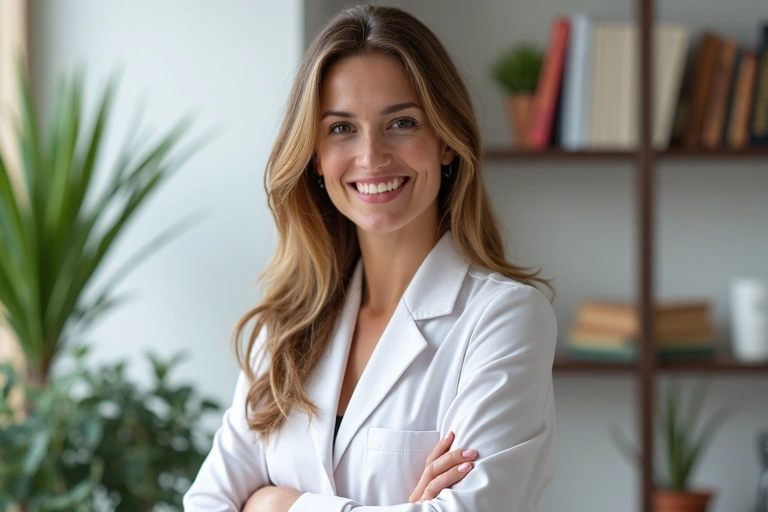 Retrato profesional y cálido de un nutricionista en un entorno de oficina limpio y moderno, con un sutil fondo de alimentos saludables.