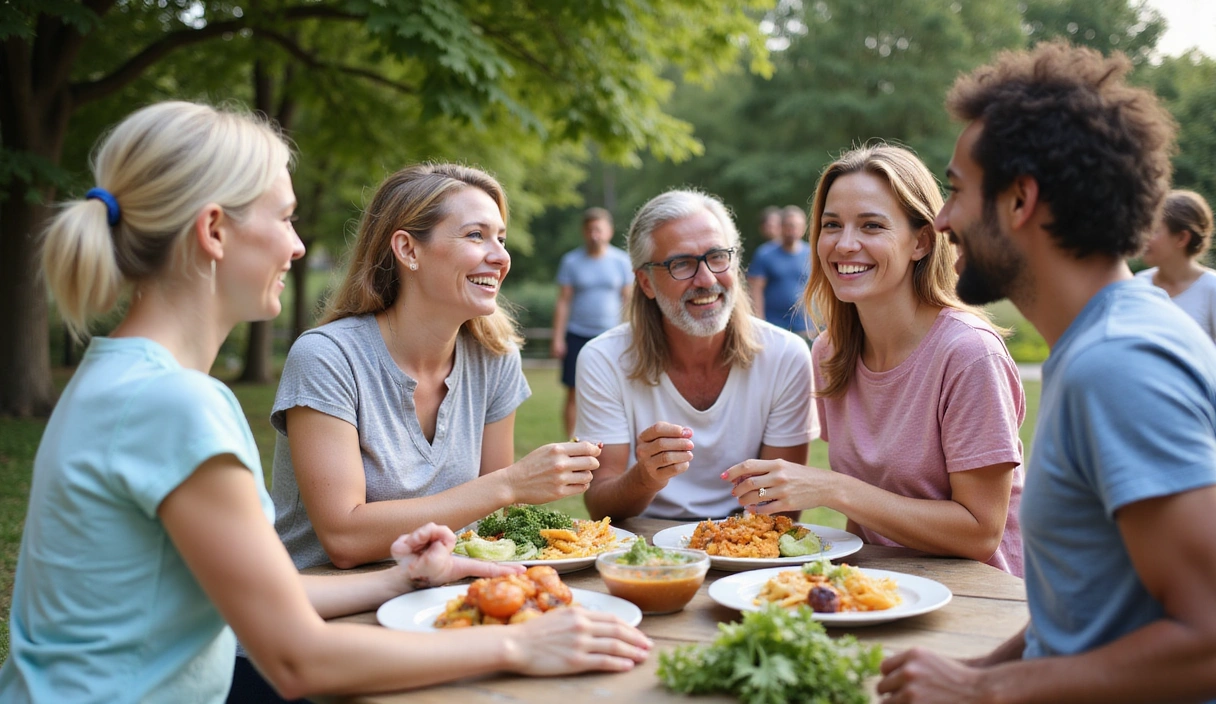 Grupo diverso de personas sonriendo, luciendo saludables y felices, disfrutando de actividades ligeras al aire libre.